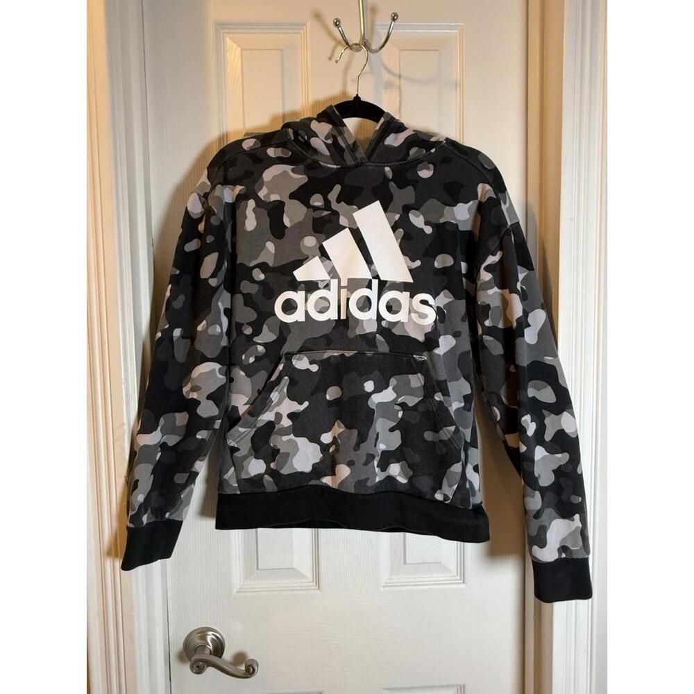 Adidas Hoodie Boys Large Black Camo Pullover Long Sleeve